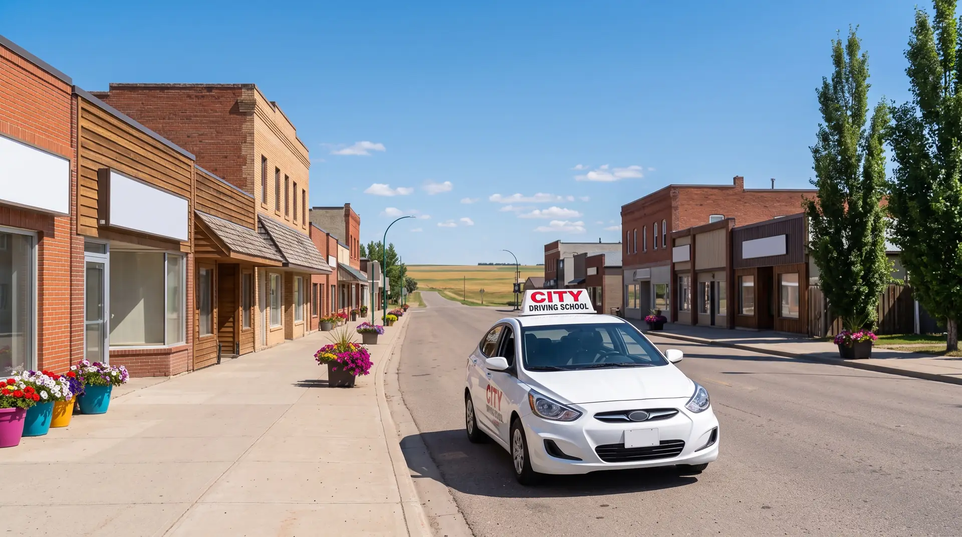 A white City Driving School car on a small-town main street with brick shops and flower pots