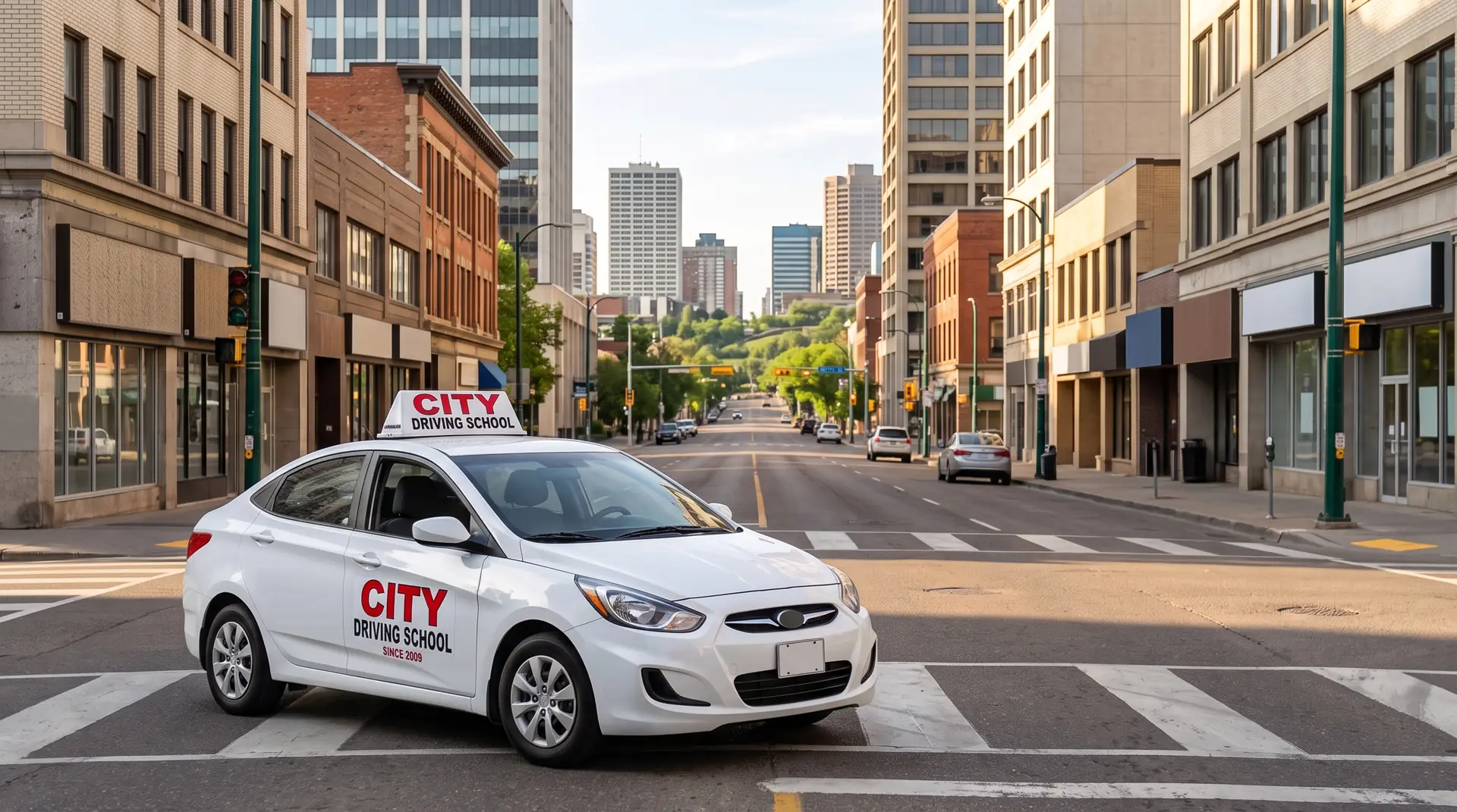 A white City Driving School car at a crosswalk on a downtown street with tall buildings