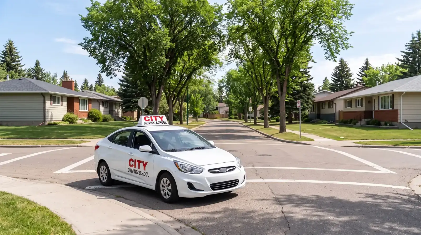 A white City Driving School car turning at a quiet residential corner