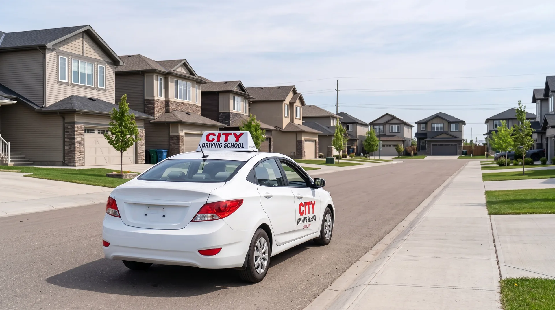 A white City Driving School car on a suburban street lined with new two-storey houses