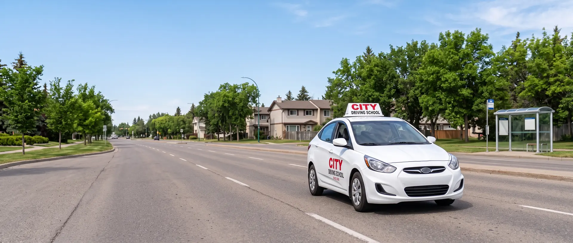 A white City Driving School car on a wide tree-lined road with a bus shelter