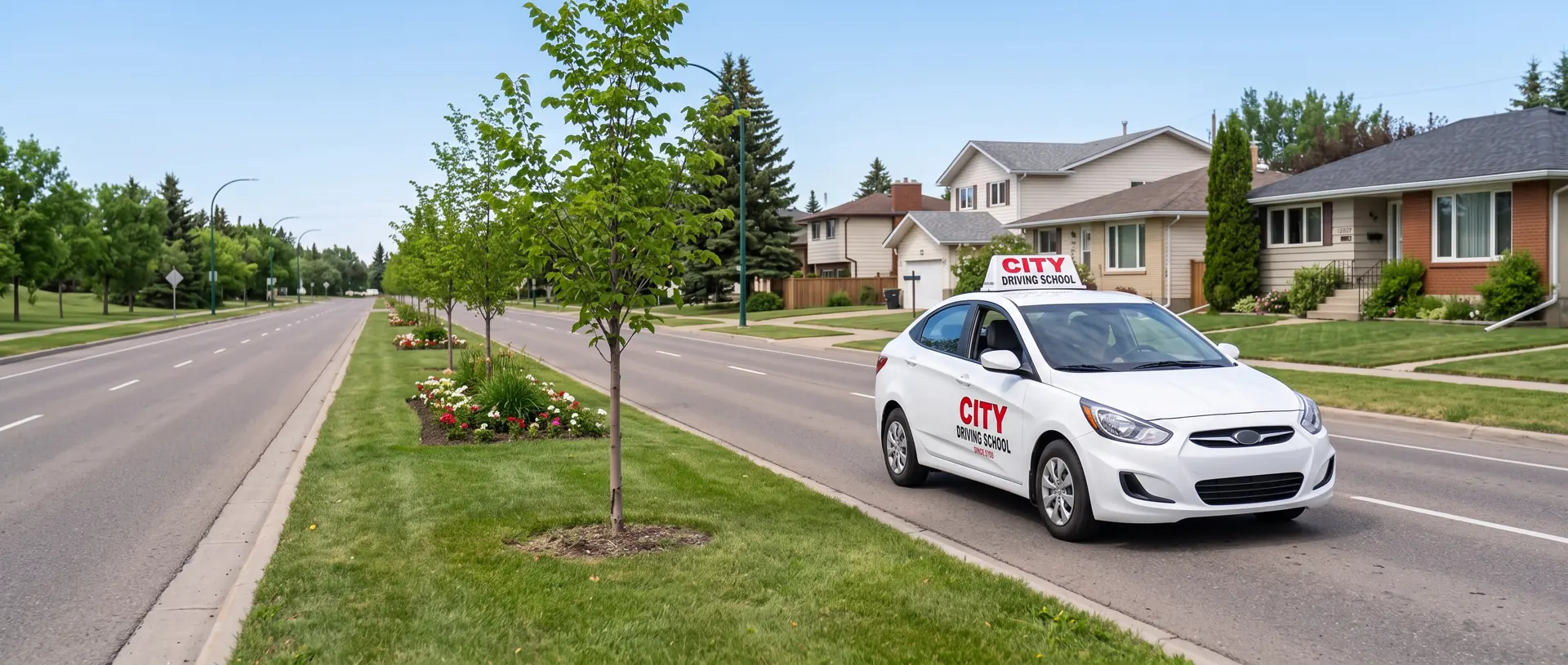 A white City Driving School car on a tree-lined road with a grass median