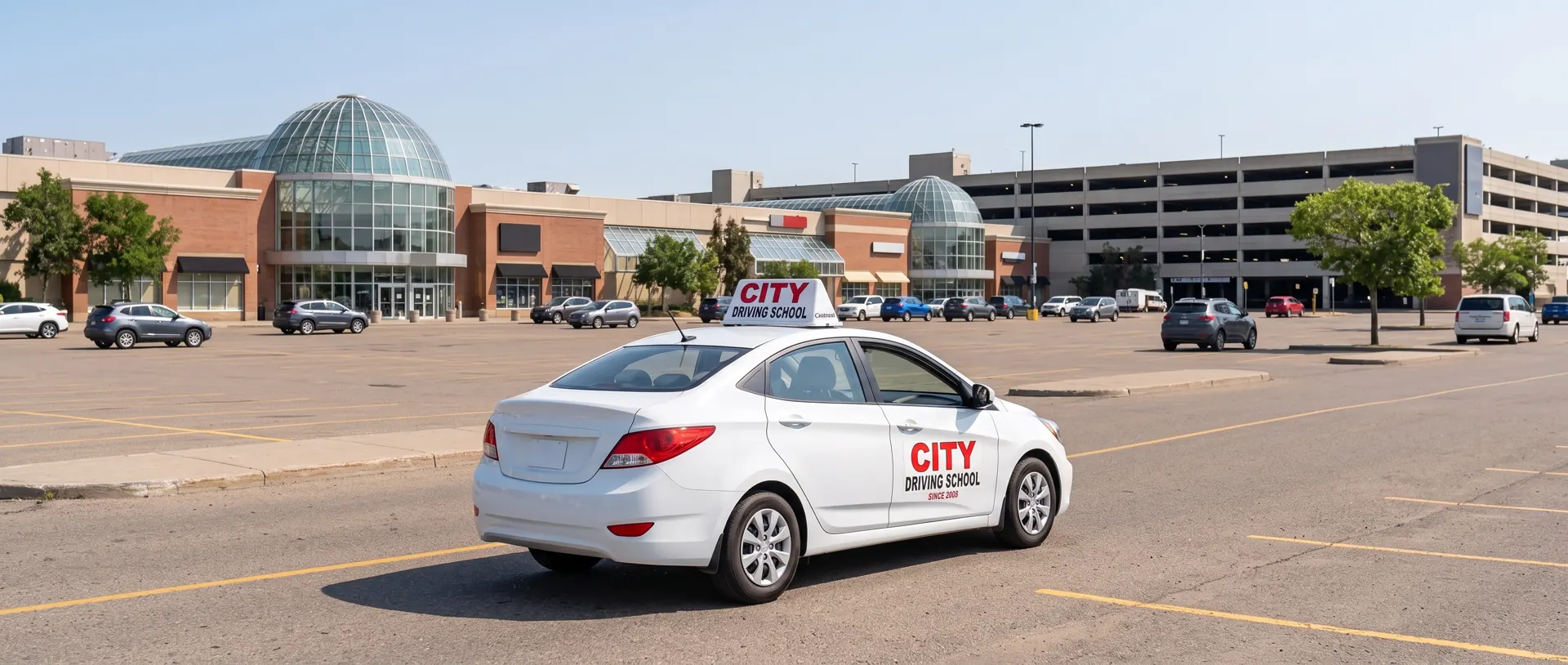 A white City Driving School car in a large parking lot outside a shopping mall