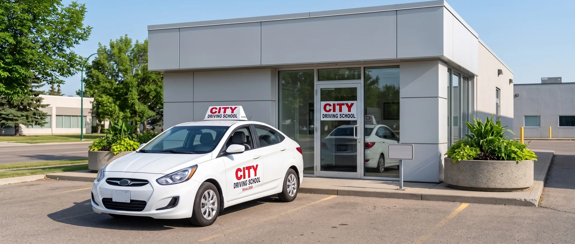 A City Driving School car parked outside a small office building