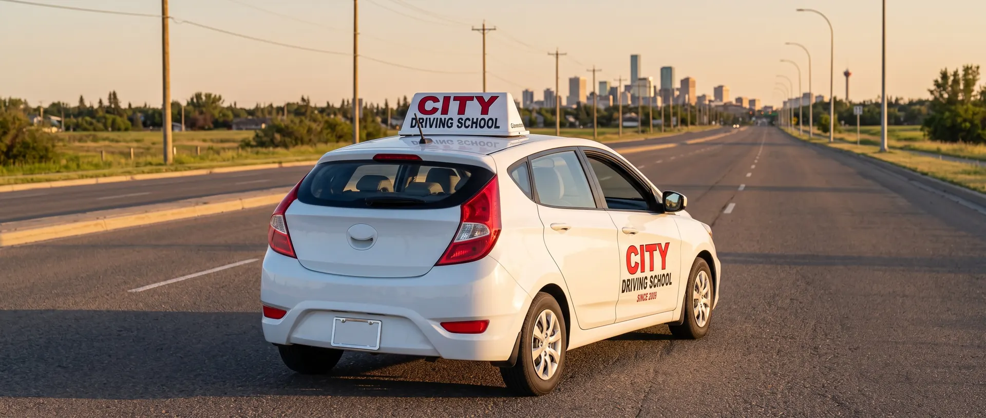 A City Driving School car on an open road at sunset with a city skyline ahead