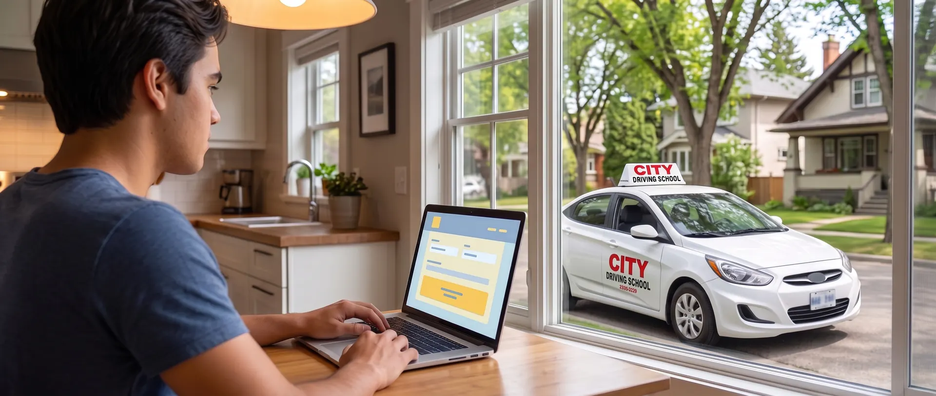 A young man booking on a laptop by a window, a City Driving School car parked outside