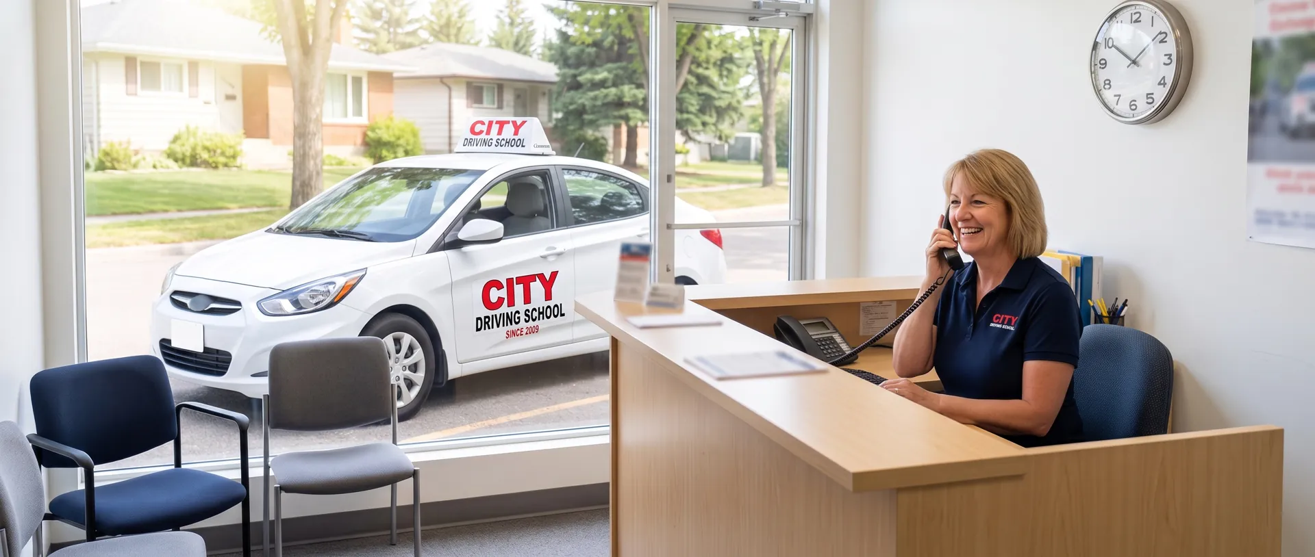 A smiling woman on the phone at a front desk, a City Driving School car outside the window