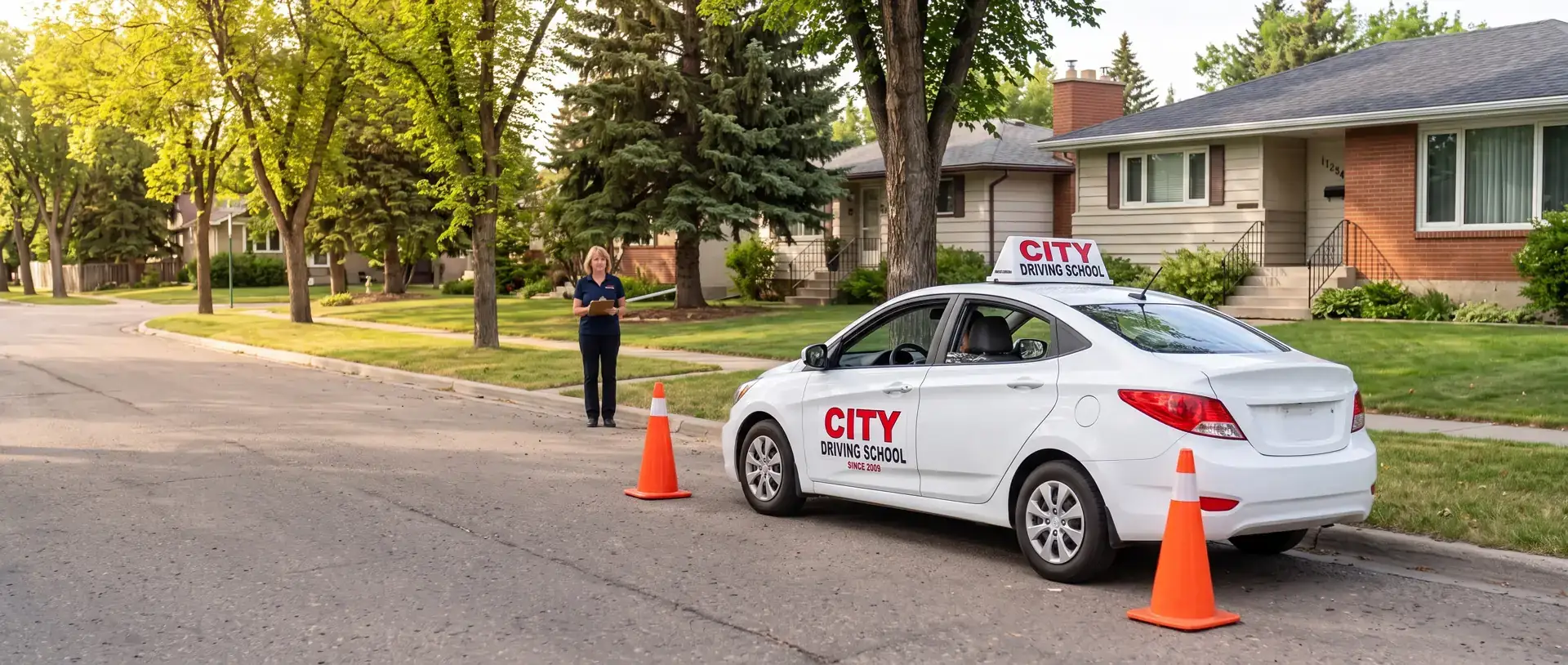 A City Driving School car on a residential street with orange cones