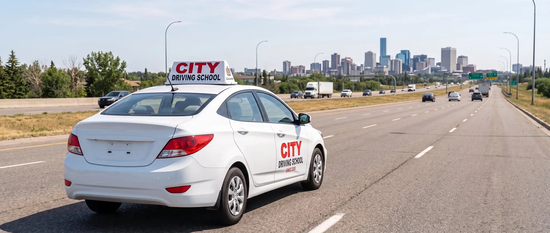 A City Driving School car on a highway with the city skyline ahead