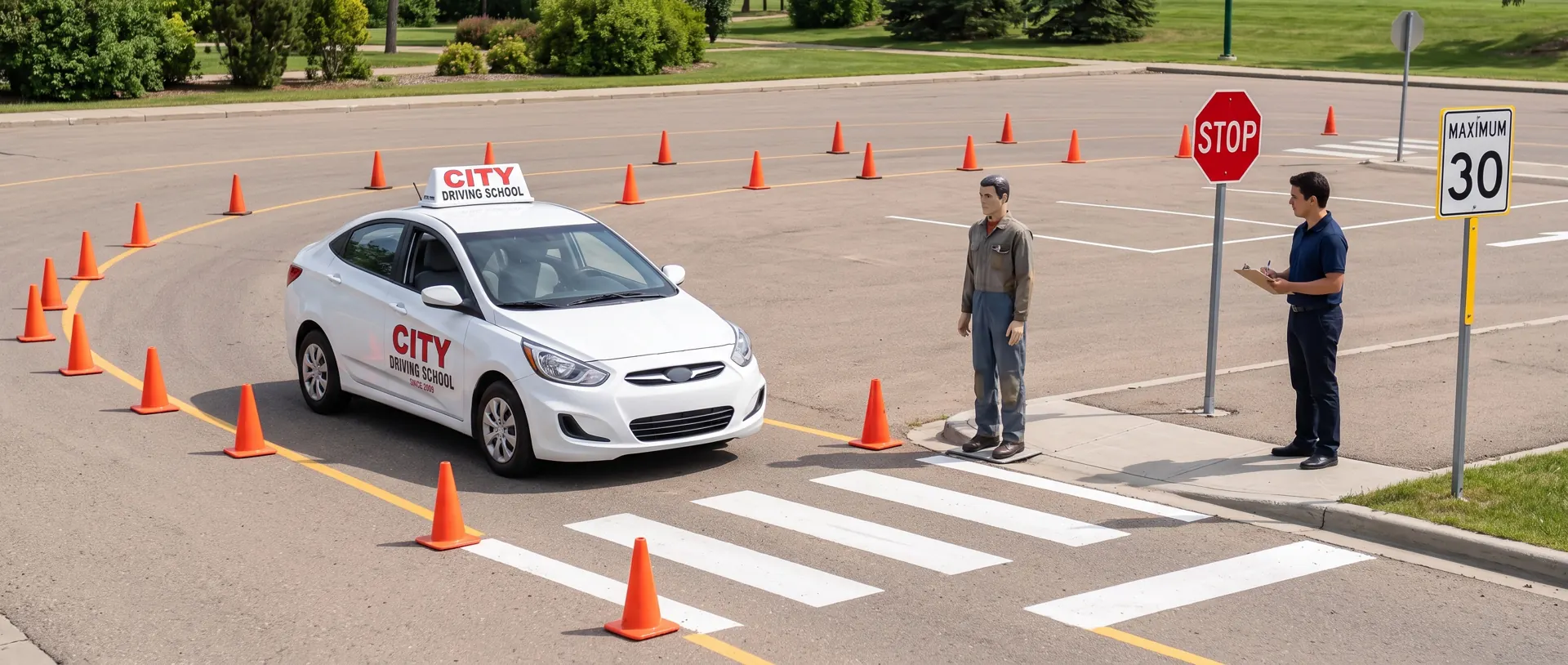 A City Driving School car on a practice course with cones, a stop sign and a crosswalk