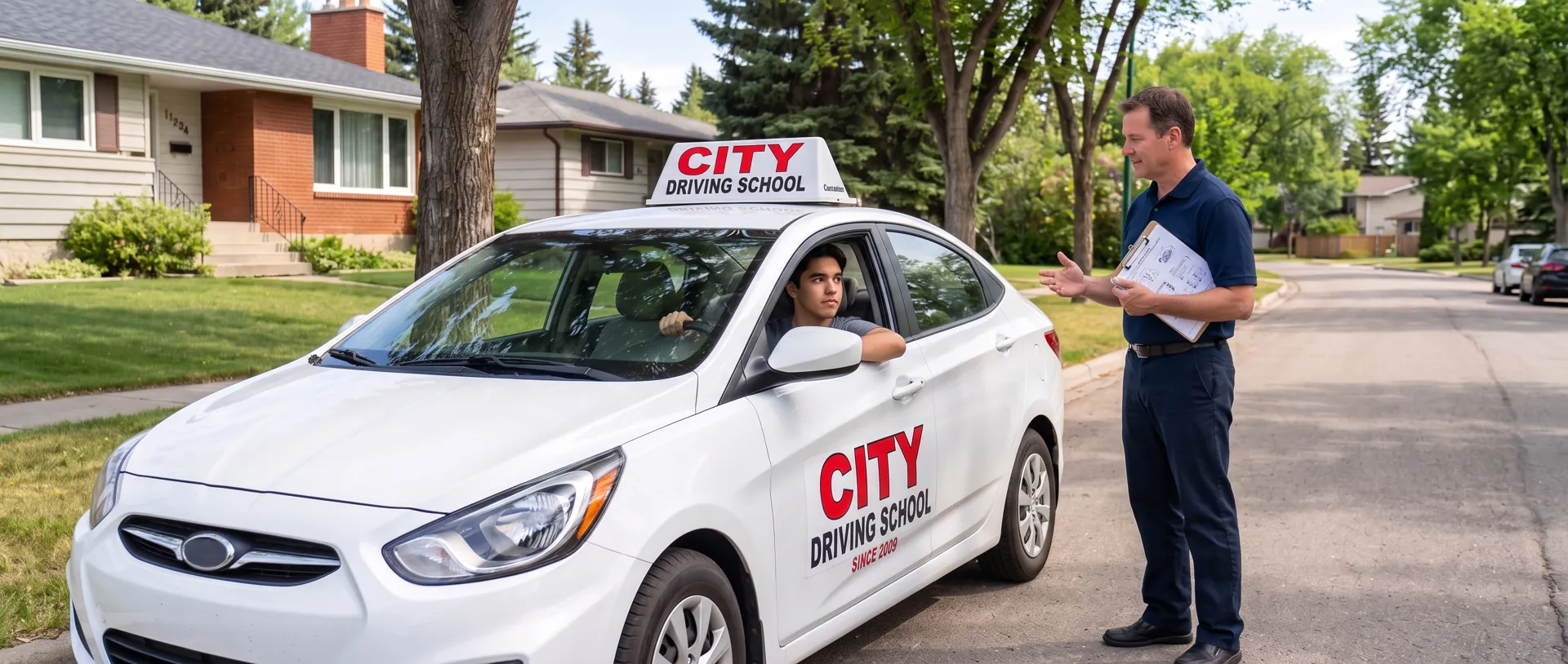 A young driver at the wheel of a City Driving School car, a man with a clipboard talking to him