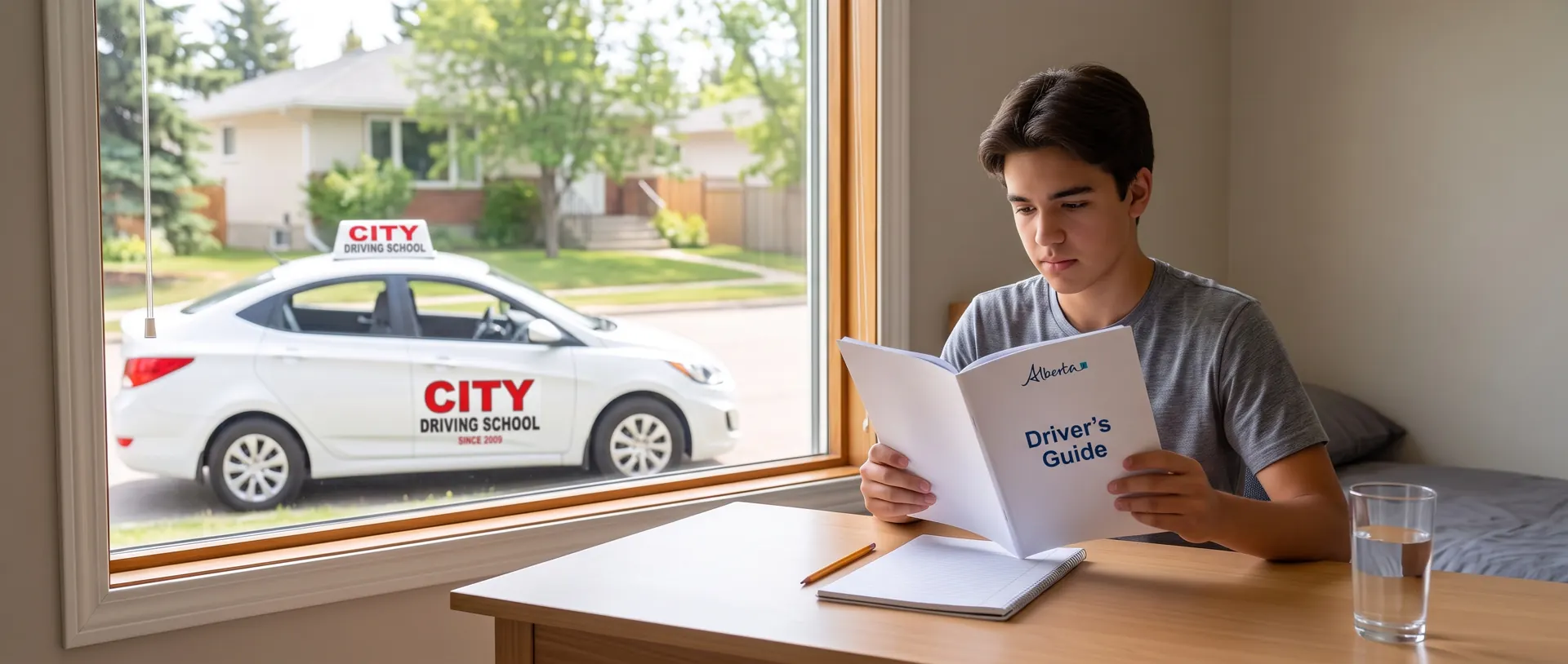 A teenager reading a driver's guide at a desk, a City Driving School car outside the window