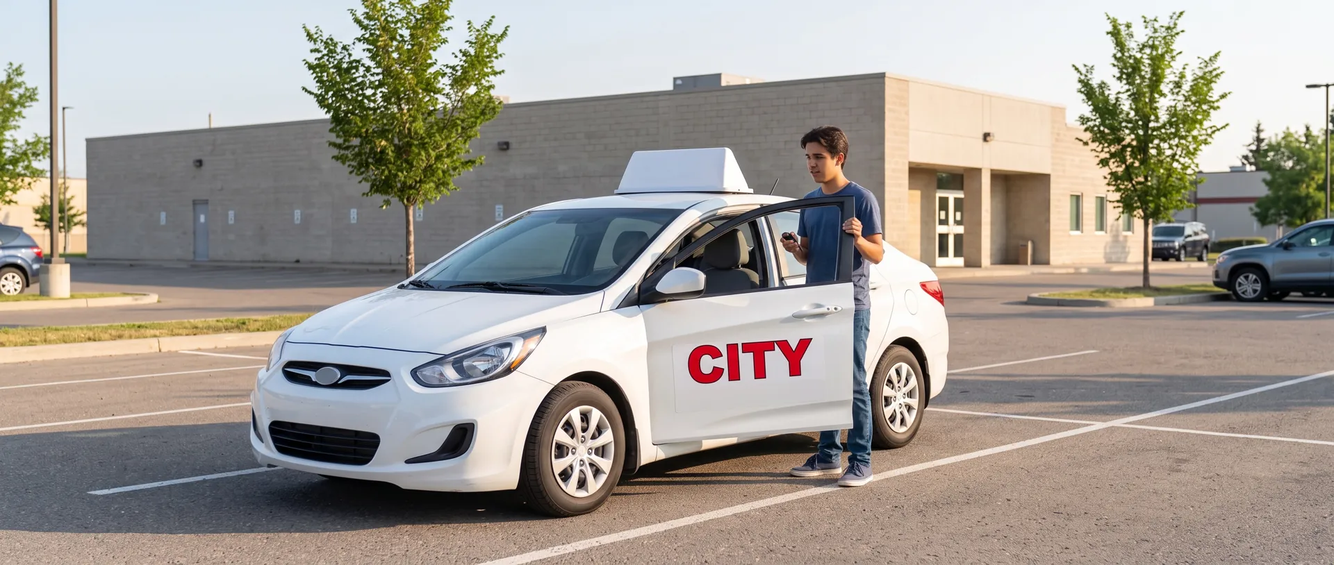 A young man opening the door of a City Driving School car in a parking lot