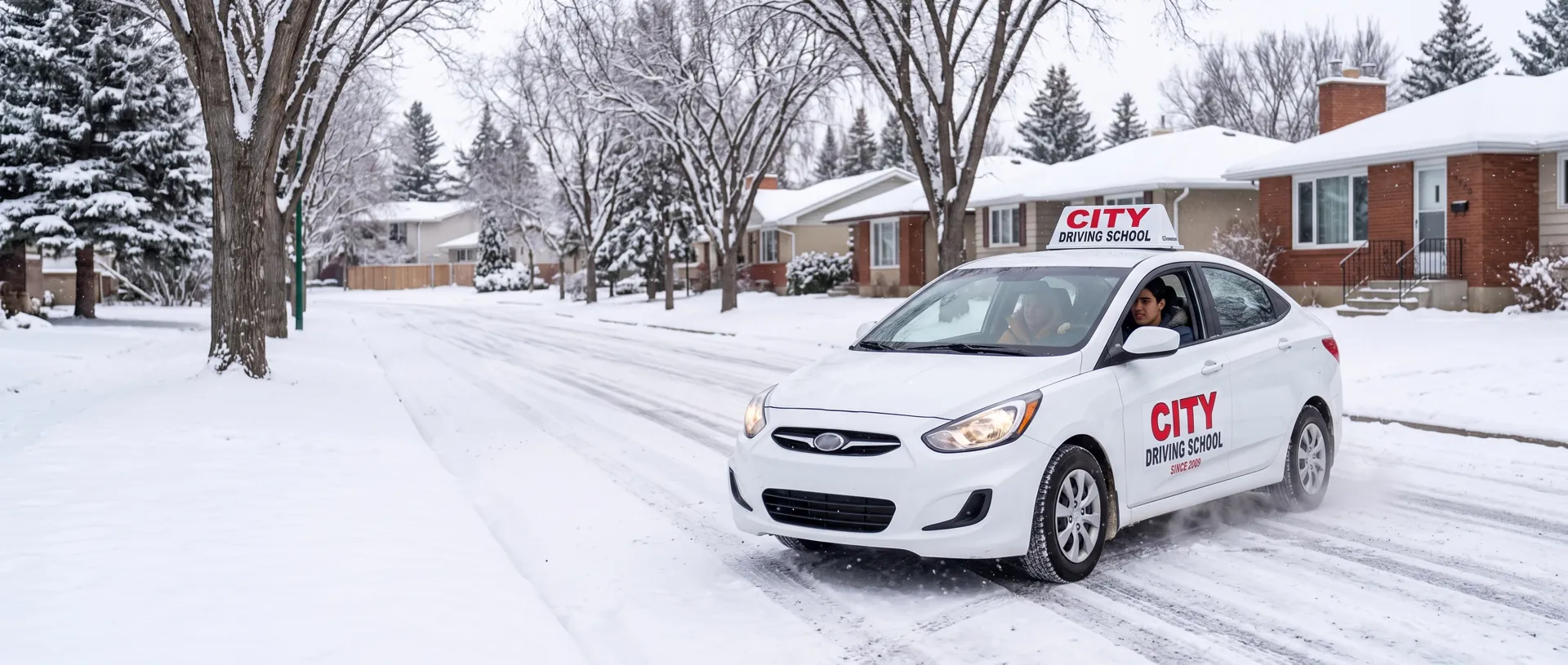A City Driving School car driving on a snowy residential street