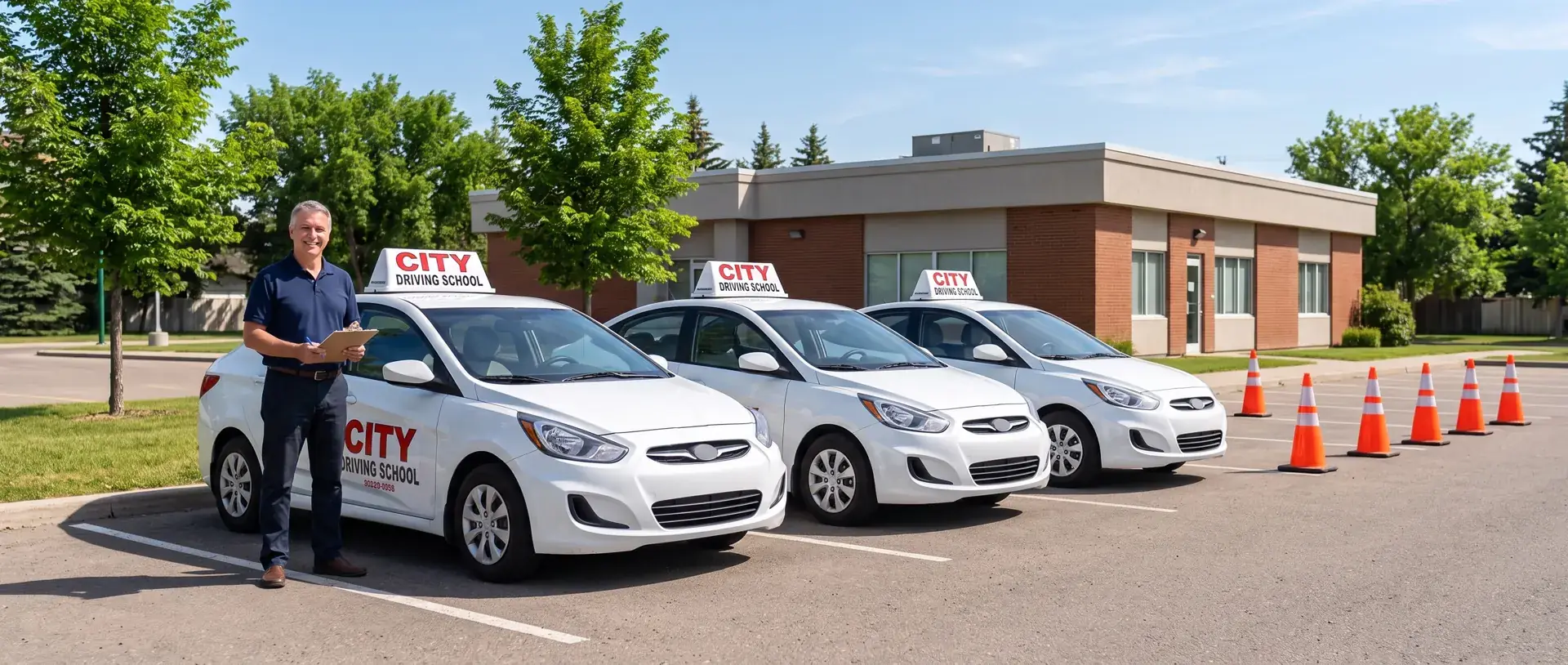 Three City Driving School cars lined up beside orange cones, a man with a clipboard in front