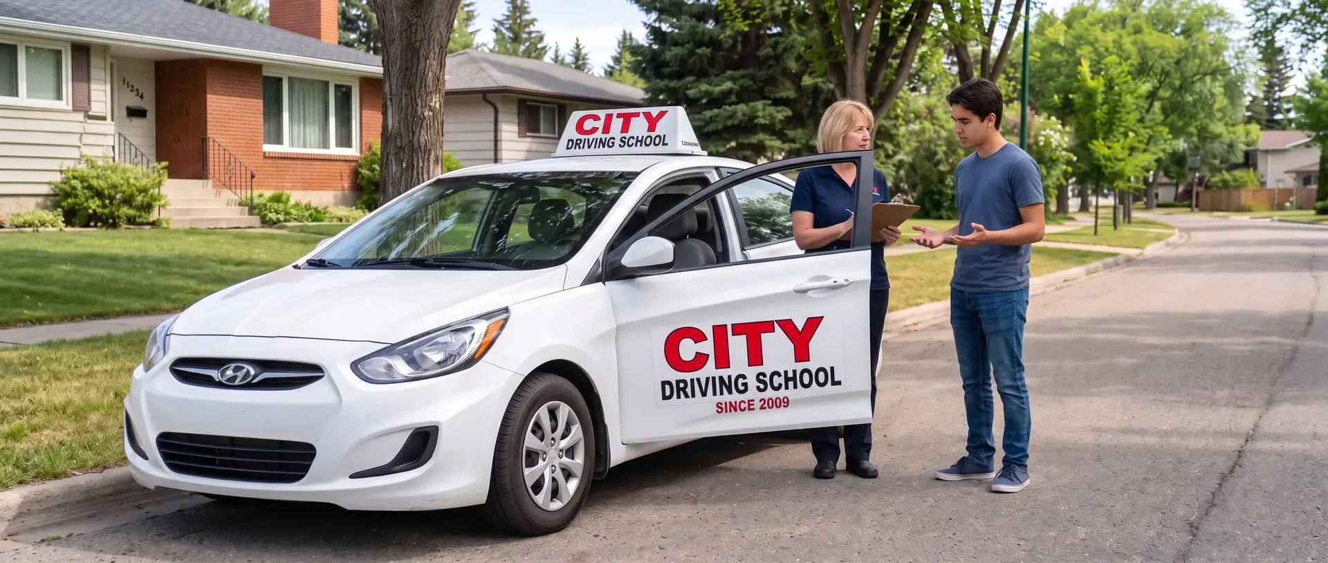 A woman with a clipboard talking with a young man beside a City Driving School car