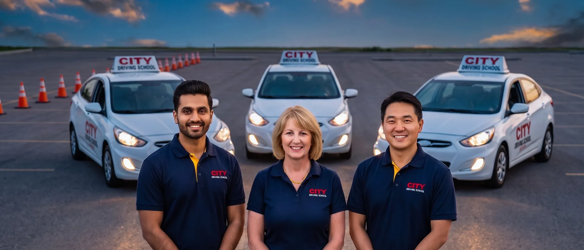 Three people in navy City Driving School shirts in front of three school cars