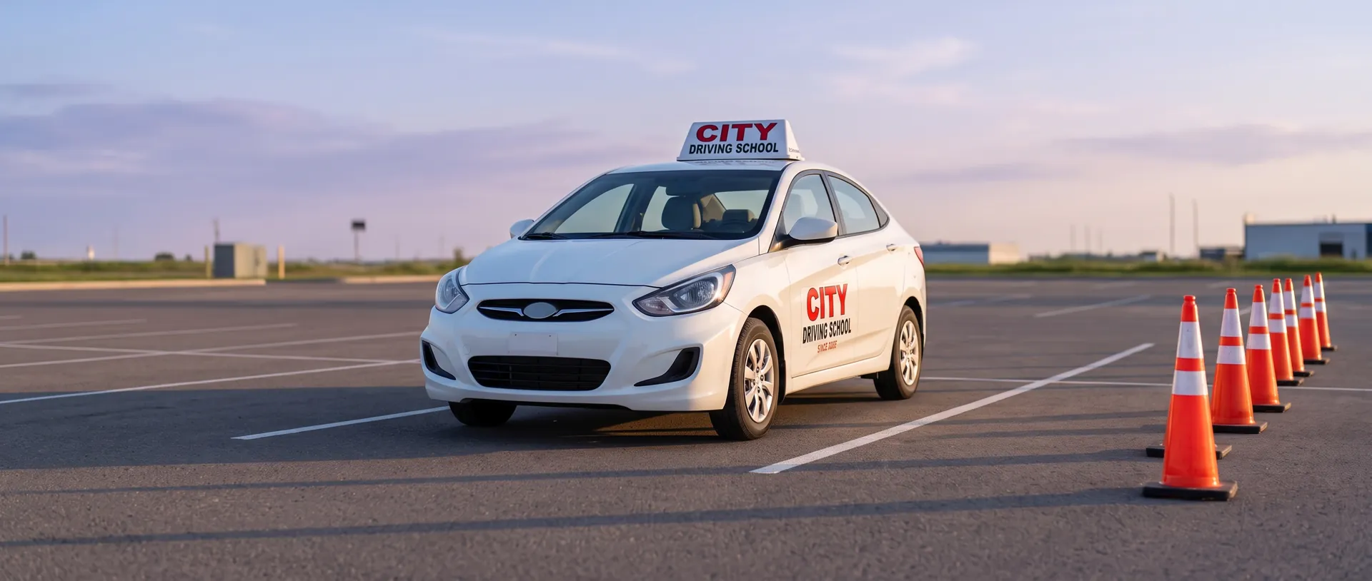 A City Driving School car in an empty parking lot next to a row of orange cones