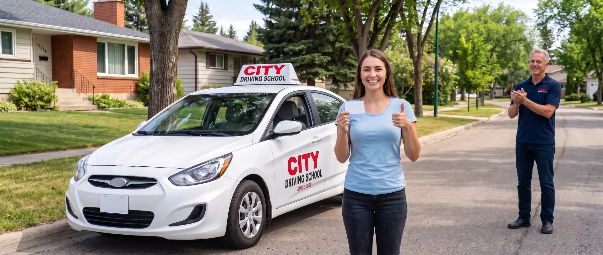 A smiling young woman giving a thumbs up beside a City Driving School car