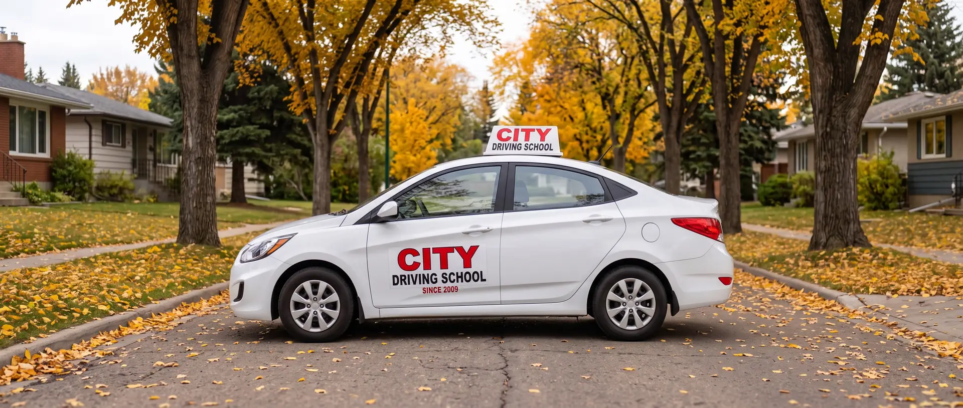 A City Driving School car on a leafy street in autumn