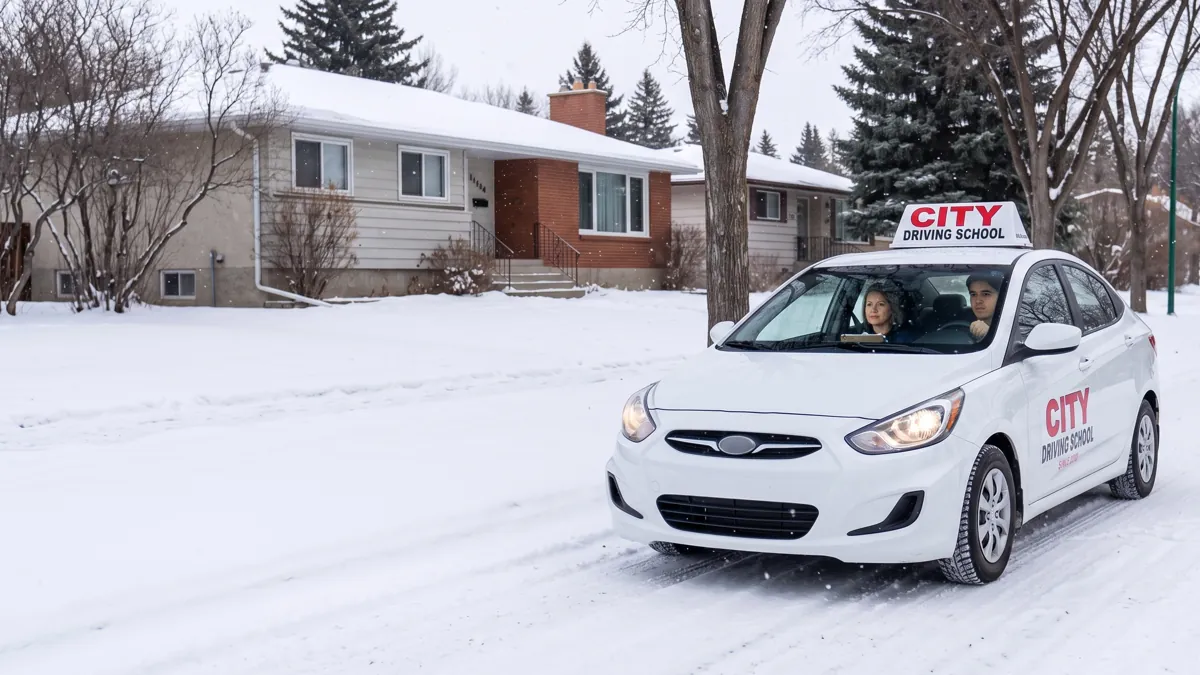 A City Driving School car with two people inside on a snowy street