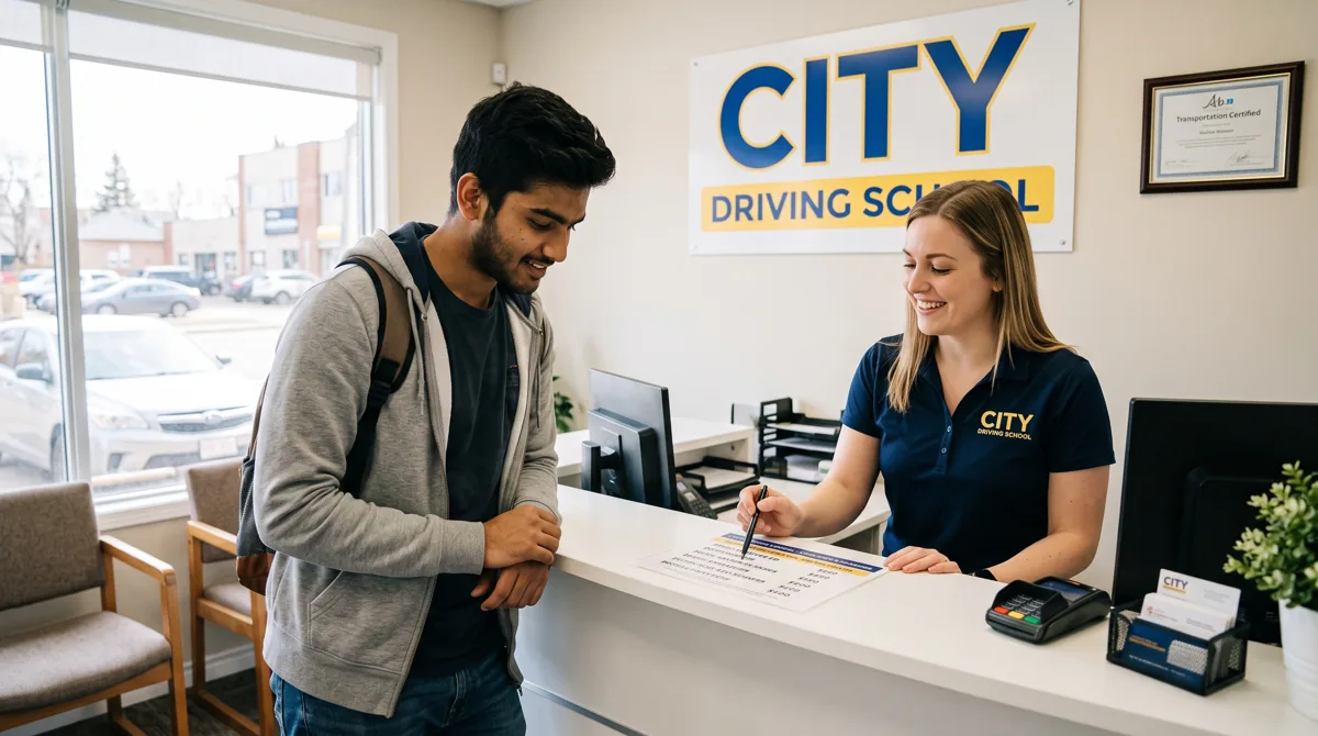 A young man at a front desk under a City Driving School sign while a staff member points to a form